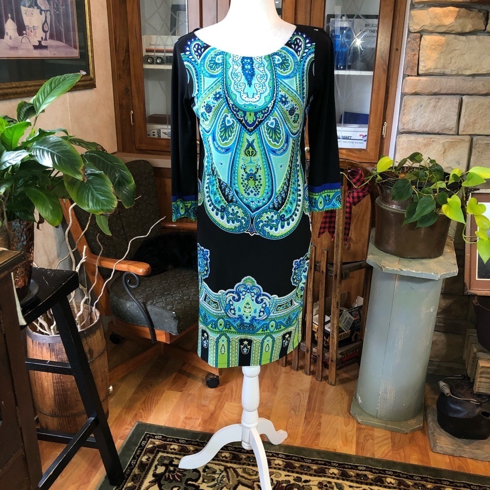 London Times Black Dress with Aqua & Teal Paisley Print